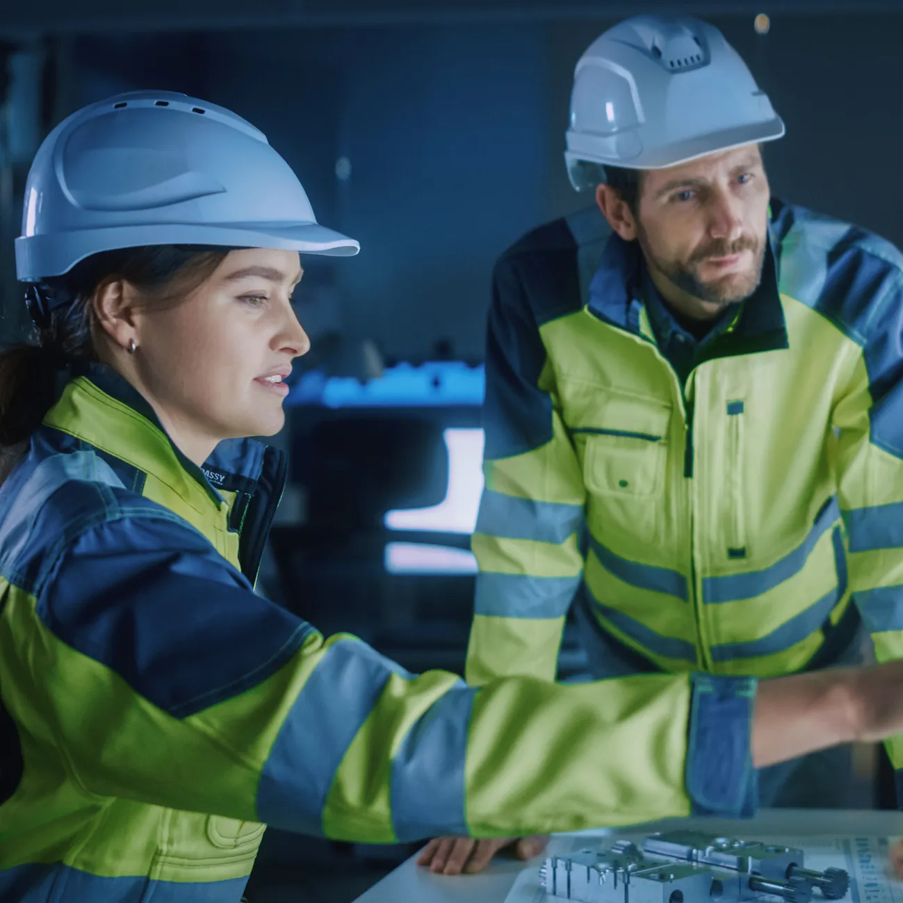 Perchè Protos Crop | Protos Group Two construction workers in hard hats and high‑visibility jackets study a control panel or blueprint on a worktable. | Protos Group